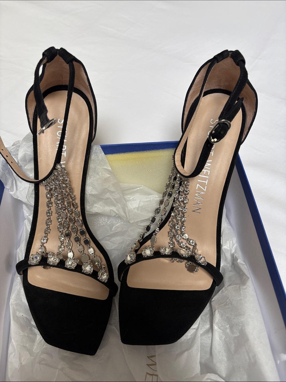 Stuart Weitzman Black Suede Crystal T-Strap Heels